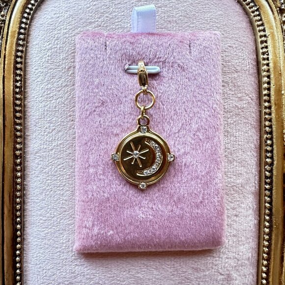 Handmade Jewelry - Moon & Star Charm Pendant 18k Gold PVD Stainless Steel Micro Crystals w/ Clasp